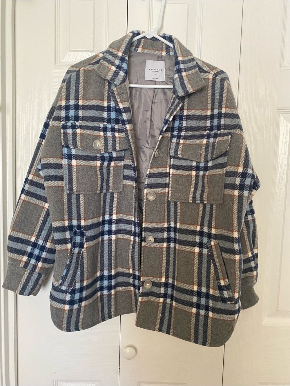 Angel Kiss Plaid Utility Jacket in Gray, Navy and Cream
